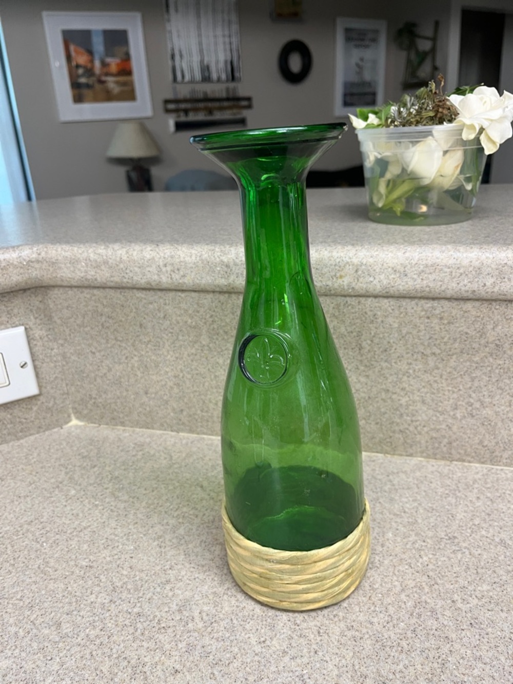 Green Glass Decorative Vase with straw Base
